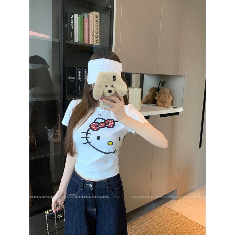 Kumikumi Stylish White round Neck Kitty Cat Print Short Sleeve T-shirt Women's Clothing Summer Slimming Easiest for Match Tops