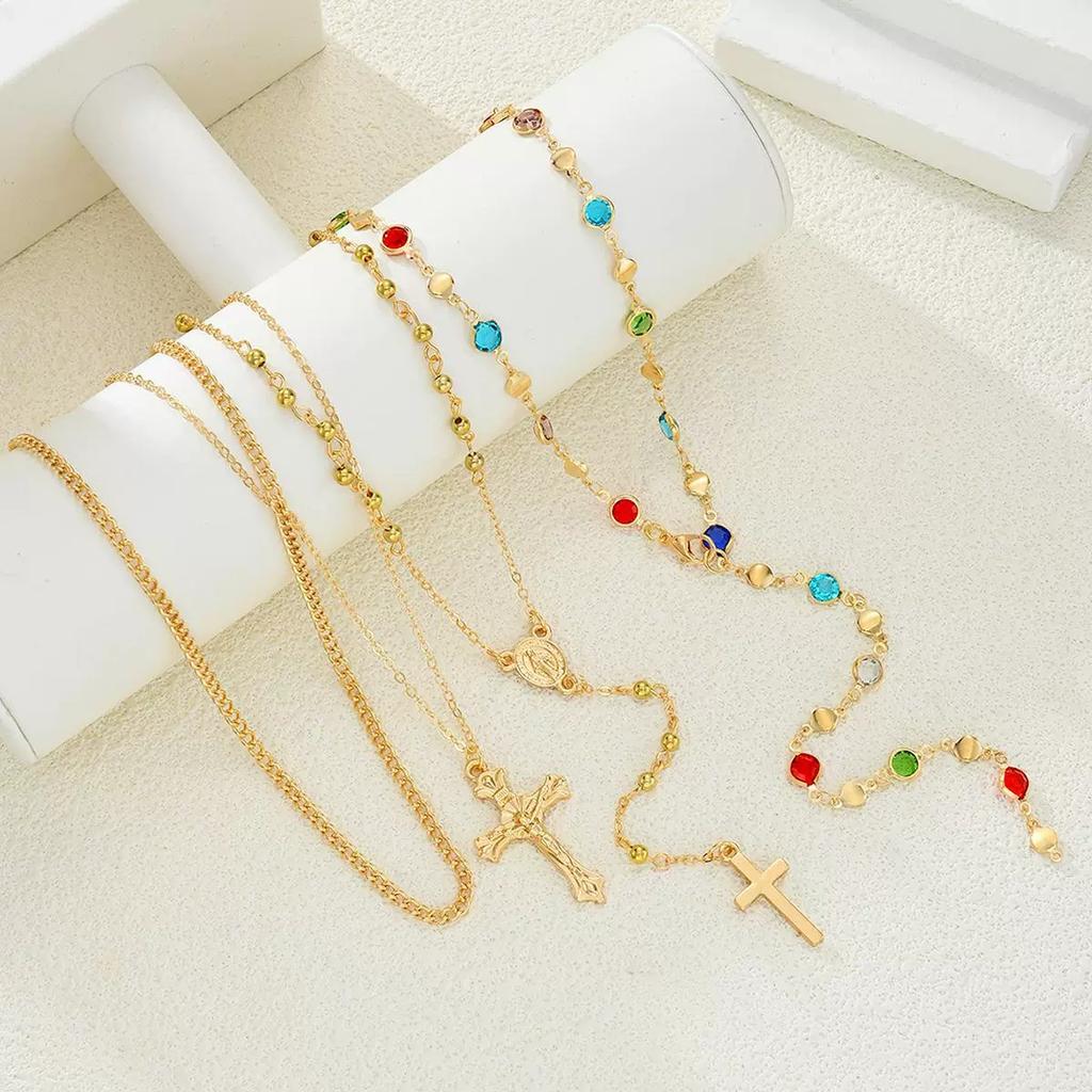 4Pcs Trendy Cross Pendant Necklace For Women Colorful Crystal Chain Rosary Y Necklace Female Fashion Jewelry Gift