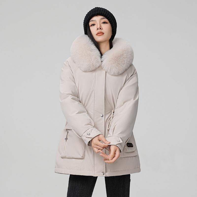 Women's Hair Collar Hooded Windproof Lightweight Thickened Fluffy Warm Warm Cold Medium-length Casual Sports Jacket Parka Cotton Jacket