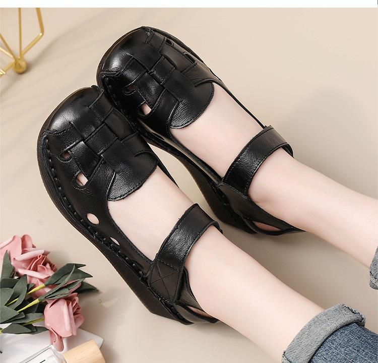 Pretty Orthotic Sandals Woman Cowhide Leather Mary Jane Shoes Ladies Wedged Heeled Sandal Women's Orthopedic Closed Toe Sandals