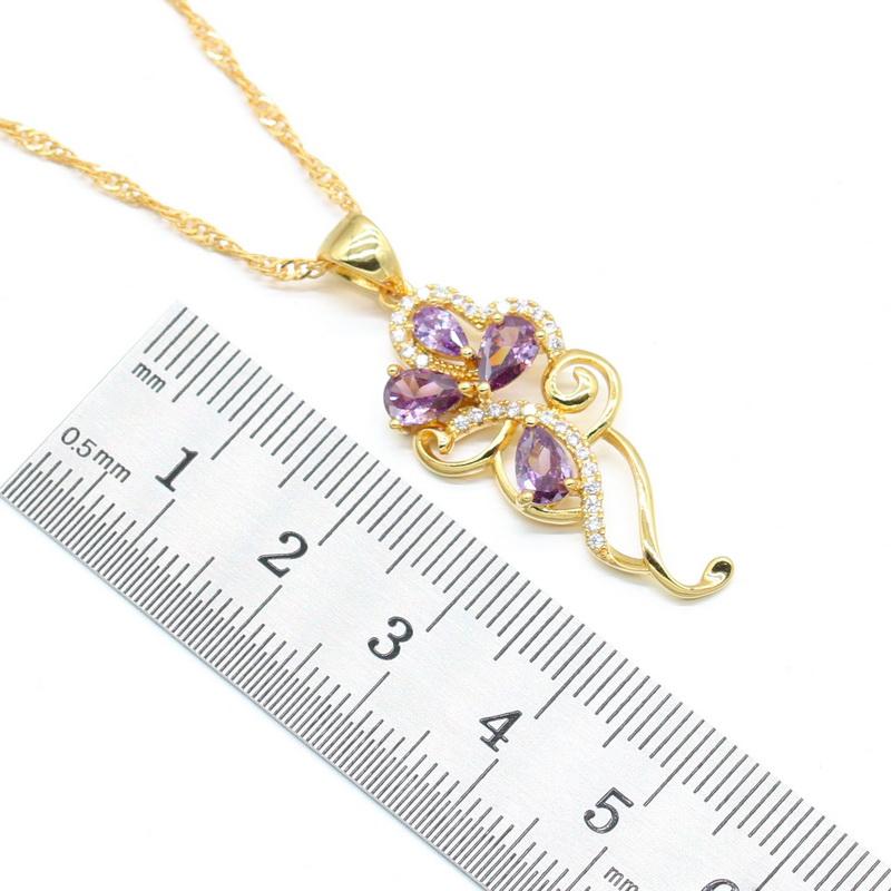 Set di gioielli in zirconia viola color oro per donna Orecchini Collana Ciondolo Anelli Scatola Regalo Colori Nero Bianco Blu