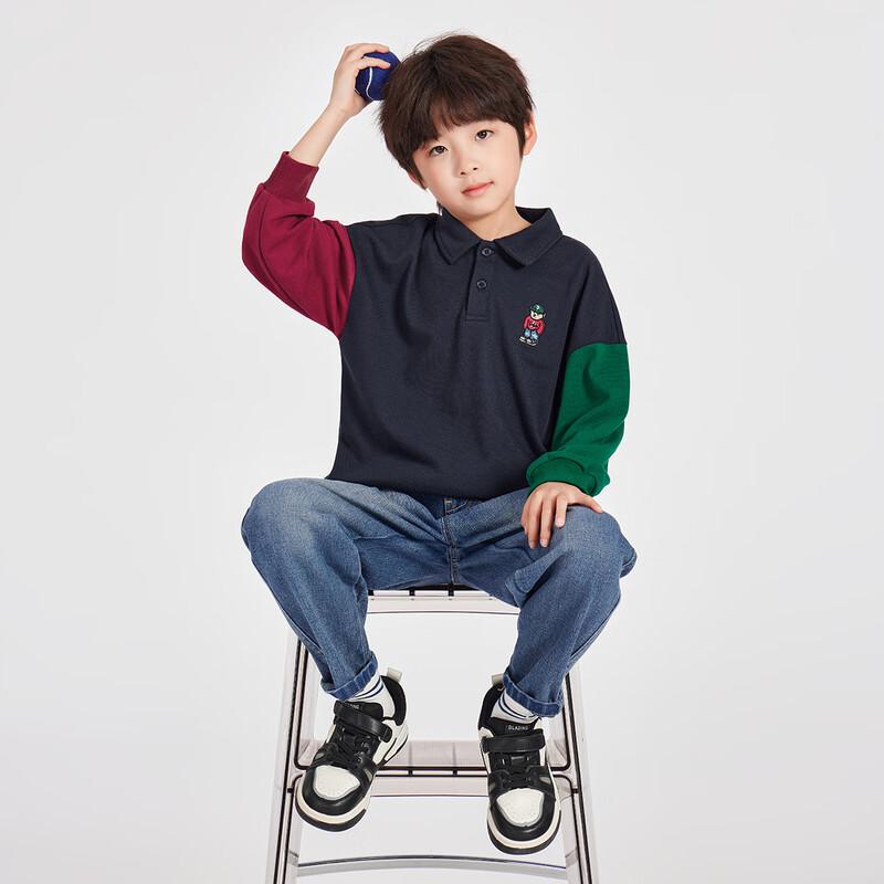 Boys' Colorblock Long-Sleeve Polo Shirt with Pocket Bear Design