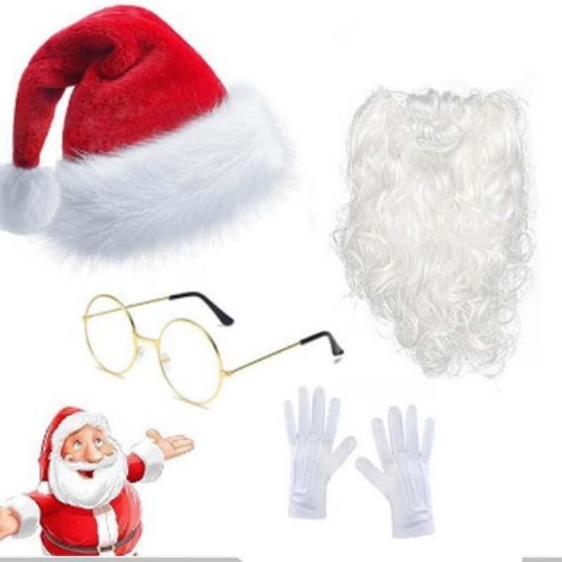 6pcs/set  Red Flannel Santa Hat Costume Set with White Beard Glasses Gloves Christmas Party Outfit Xmas Decoration Gift