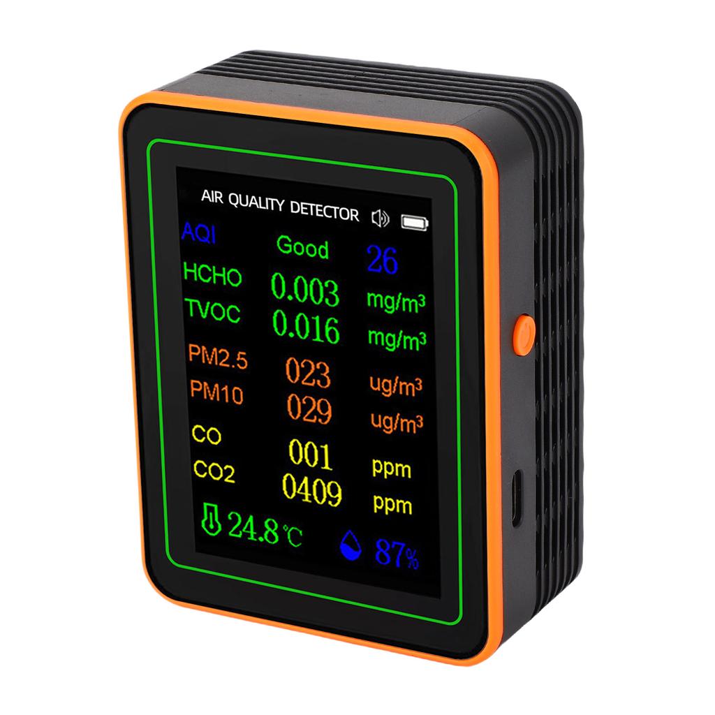 Air Quality Detector Index CO2 TVOC HCHO PM2.5 PM10 Temperature Humidity Tester TFT Color Display Curve Viewing Black