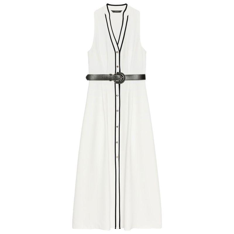 

Zaprha 2025 Autumn New Contrast Color Patchwork Trim Belt round Neck Sleeveless Midi Dress 8552957 Ground White L
