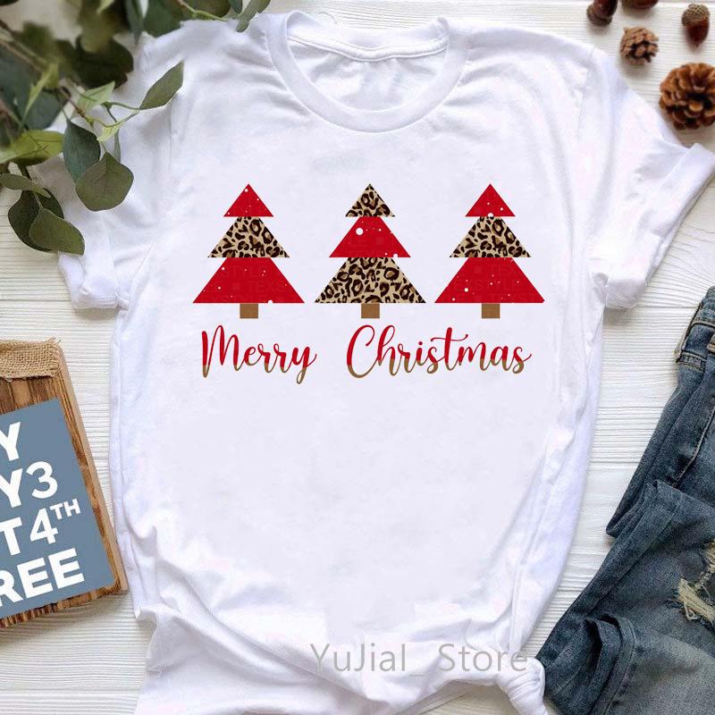 Leopard Merry Christmas Tree Graphic Print Tshirt Unisex Clothing Harajuku Shirt Peace Love Beersanta Claus T Shirt Femme