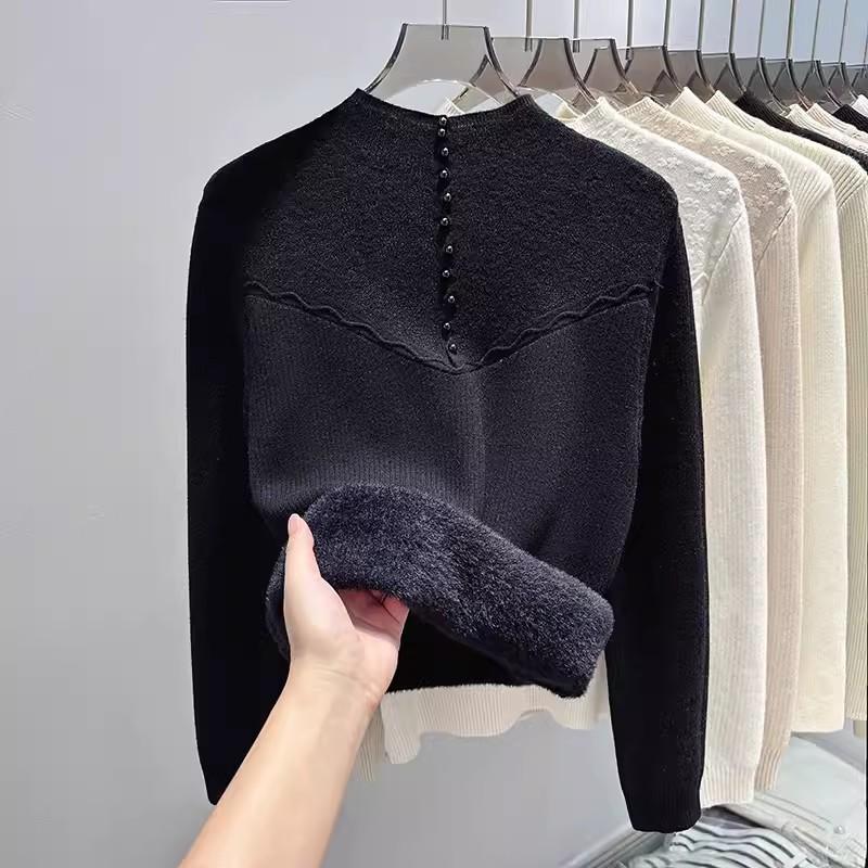 Spot Velvet Semi High Neck Base Sweater for Women's Autumn and Winter Loose Knit Top with Lace Integrated Velvet Inner Layer Sweater