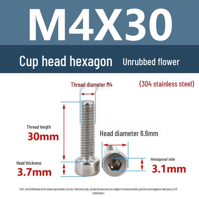 Yigu 304 Stainless Steel Socket Head Cap Screw, M2-M6 Cylindrical Head, Full Thread, Non-Knurled