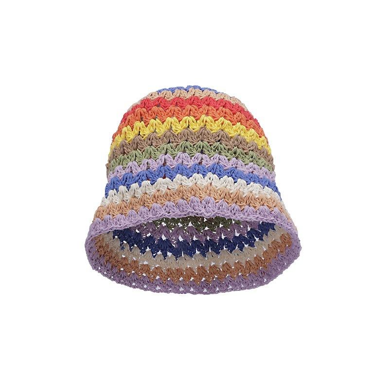 Cappello da pescatore all'uncinetto intrecciato color arcobaleno fatto a mano, cappello a secchiello retrò giapponese famoso su internet in stile coreano, cappello di paglia per coppia