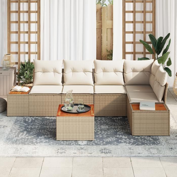 VidaXL Ensemble de canapé de jardin en 6 pièces avec coussins Beige Poly Rotin Acacia 3348092