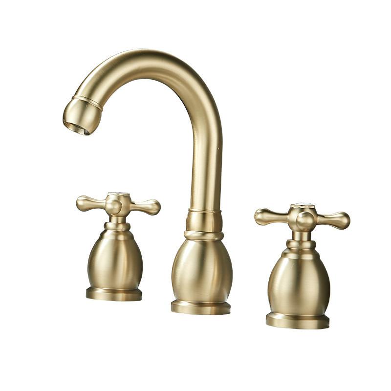 Luxury Brushed Gold Basin Faucet Brass Bathroom Faucet Widespread Antique Sink Faucets 3 Hole Hot Cold Sink Faucet Water Tap