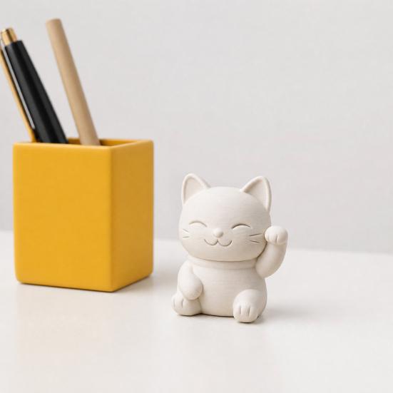 3D Printed Luck Cat Statue, Cute White Maneki Figurine, Matte White Mini Fortune Cat Ornament for Home Desk Bedroom Decor, Holiday Birthday