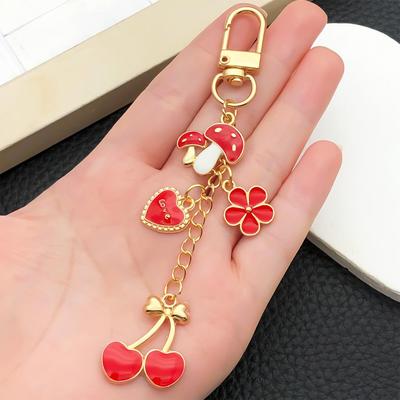 Pendentif Porte-clés Cœur Champignon Rouge Style Européen-Américain Goutte d'Huile