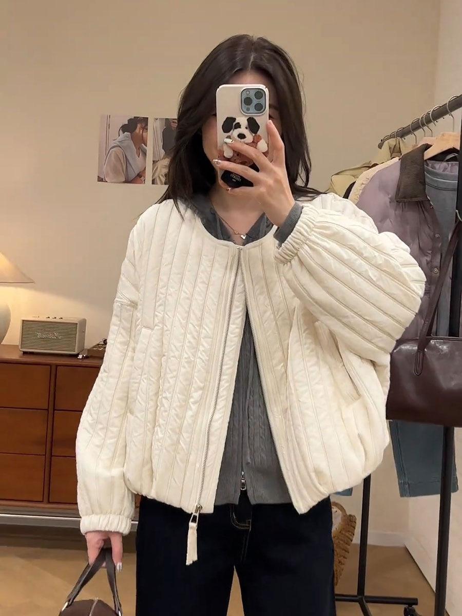 

Design sense niche simple round neck short cotton coat women s 2025 autumn and winter new fashion loose warm cotton coat XL білий