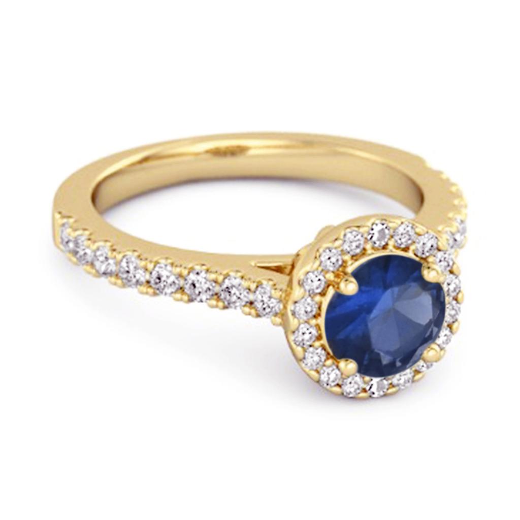 Blue Sapphire Round Halo Accents Ring - 925 Sterling Silver Gold Vermeil