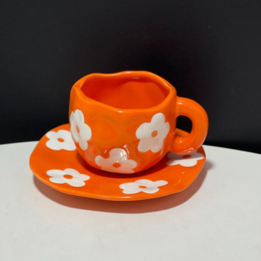 High-Value Hand-Pinched Irregular Underglaze Color Hand-Painted Flower Love Ceramic Coffee Cup Saucer Exquisite Afternoon Tea Cup Saucer