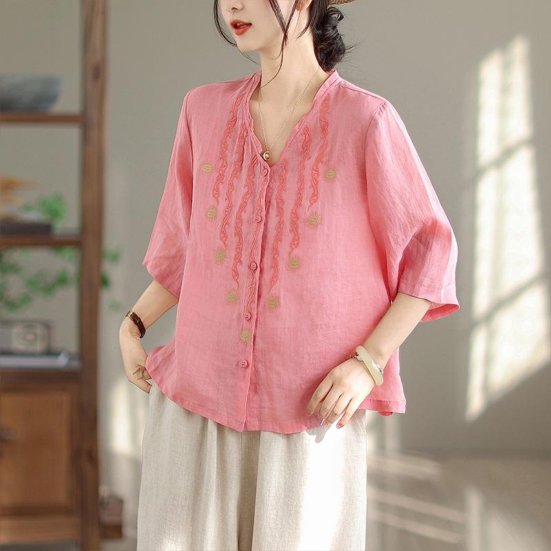 

Лето 2025 новая ретро большого размера этнический стиль вышитая хлопково-льняная рубашка женская с V-образным вырезом рукав три четверти кардиган топ M розовый