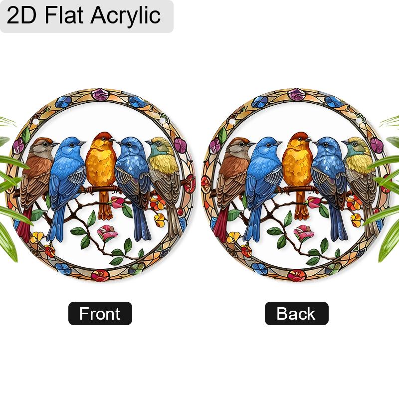 Acrylic Colorful Birds On A Branch Suncatcher, Stained Glass Style Window Hanging Ornament for Nature and Garden Lovers