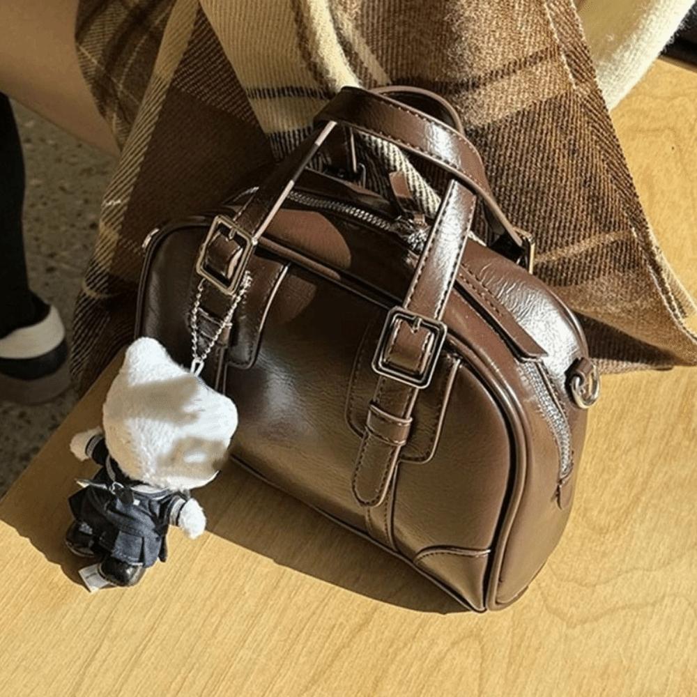 Shoulder Bag Retro Handbag Solid Color Boston Bag Fashion PU Bowling Bag  Travel