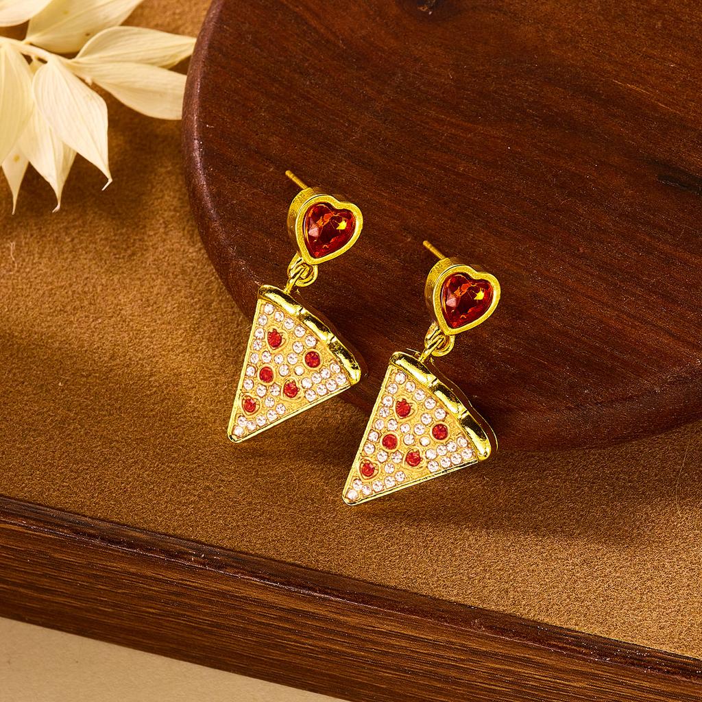 Creative Rhinestone Pizza Shaped Drop Earrings for Women Personality Metal Gold Plated Zircon Heart Earrings Daily Wear Jewelry