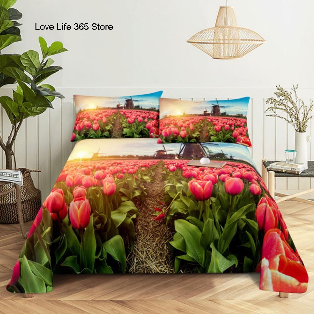 Pink Rose Bed Sheet Sets 3D Print Flowers Flat Soft Cover For Women Kids Girls King Queen Full Twin Size Linen Room Decor