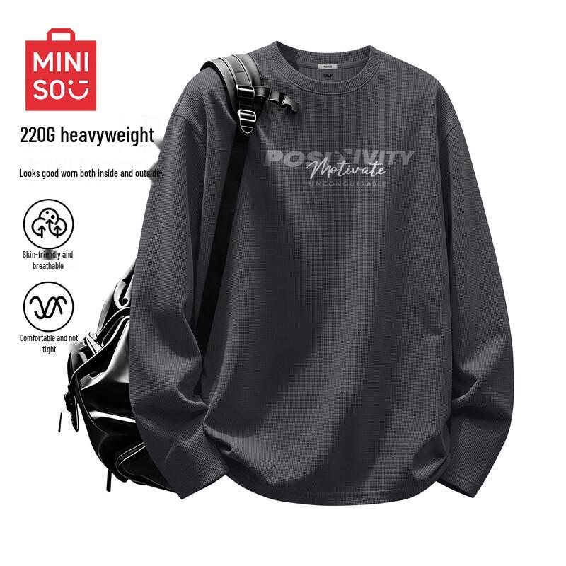 MINISO Men's Casual Long Sleeve Waffle Texture Crew Neck T-Shirt