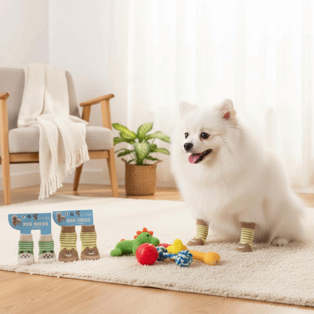 A Pair Non-Slip Dog Booties Warm Teddy Dog Socks New Pet Socks Cold Weather