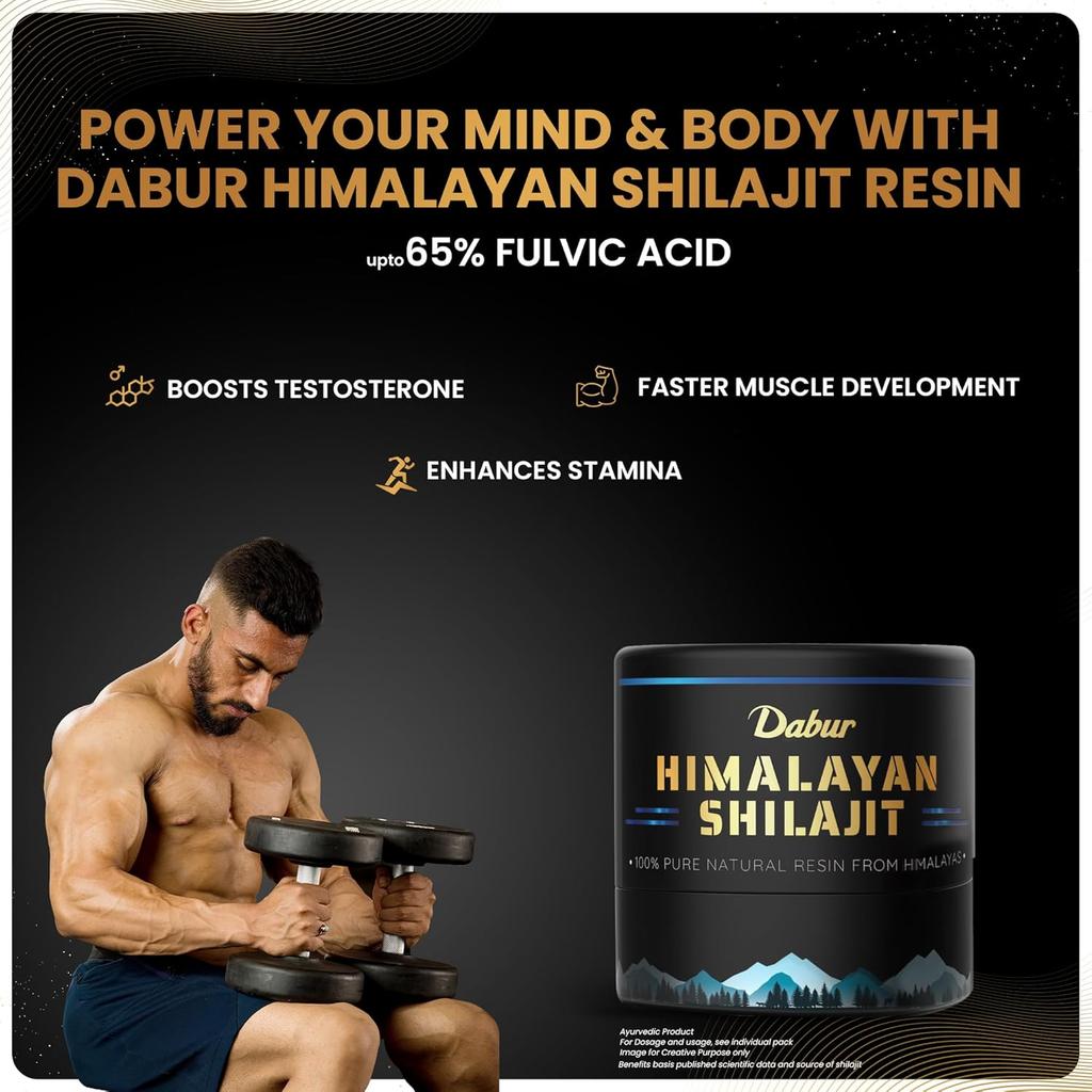 Dabur Himalájská pryskyřice Shilajit 10 g | Dávka 250 mg | Podpořte růst svalů, vytrvalost a energii přirozeně