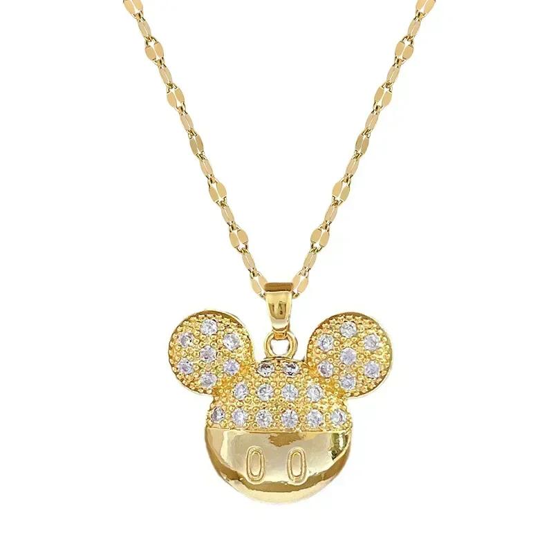Cartoon Mickey Minnie Mouse Studded with Zircon Necklace for Women Girl Stainless Steel Chain Sweet Gift for Friends Fans