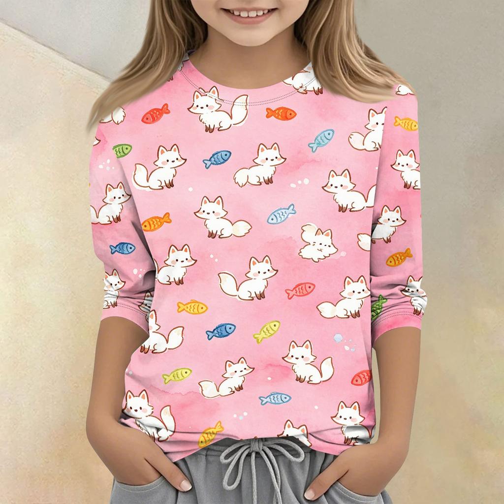 Kids Animal Print Crew Neck Three Quarter Sleeve Casual T Shirt Soft Fabric Comfortable Fit Lightweight Design for Everyday Wear