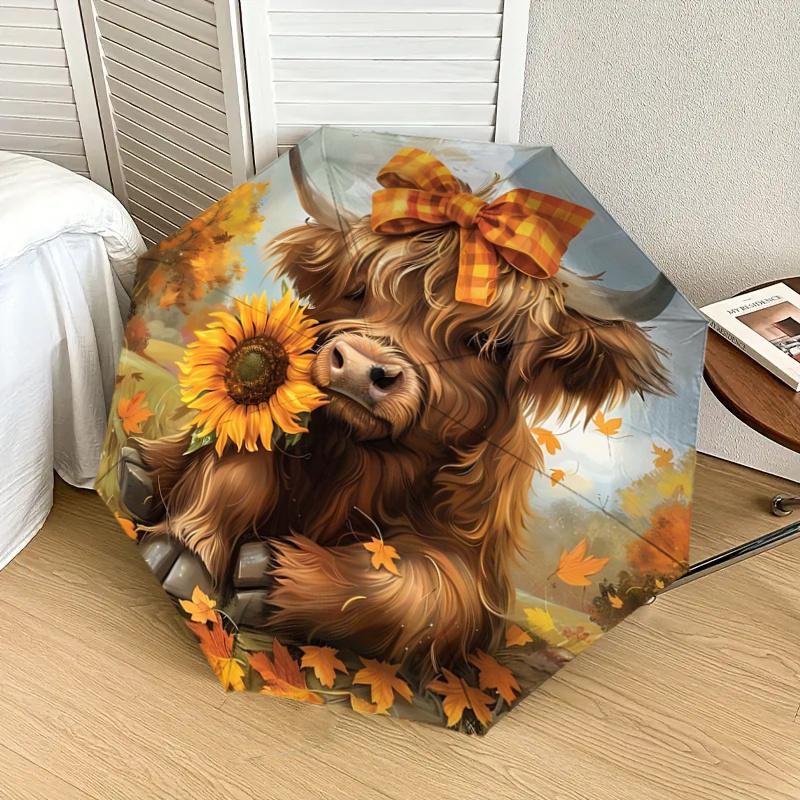 Autumn Plaid Bow Highland Cow Sunflower Outdoor Umbrella - Festival Gift for Fans, Travelers, Daily Use1125253a