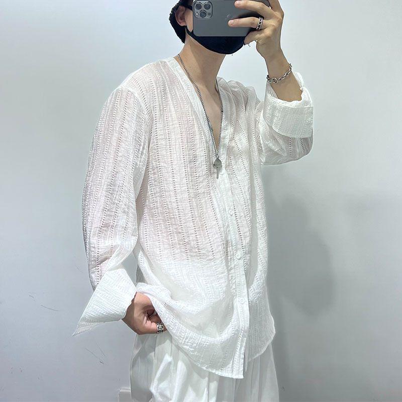 Jednoduchá a volná dutá závěsná designová letní chladivá a stylová košile lehká košilová bunda