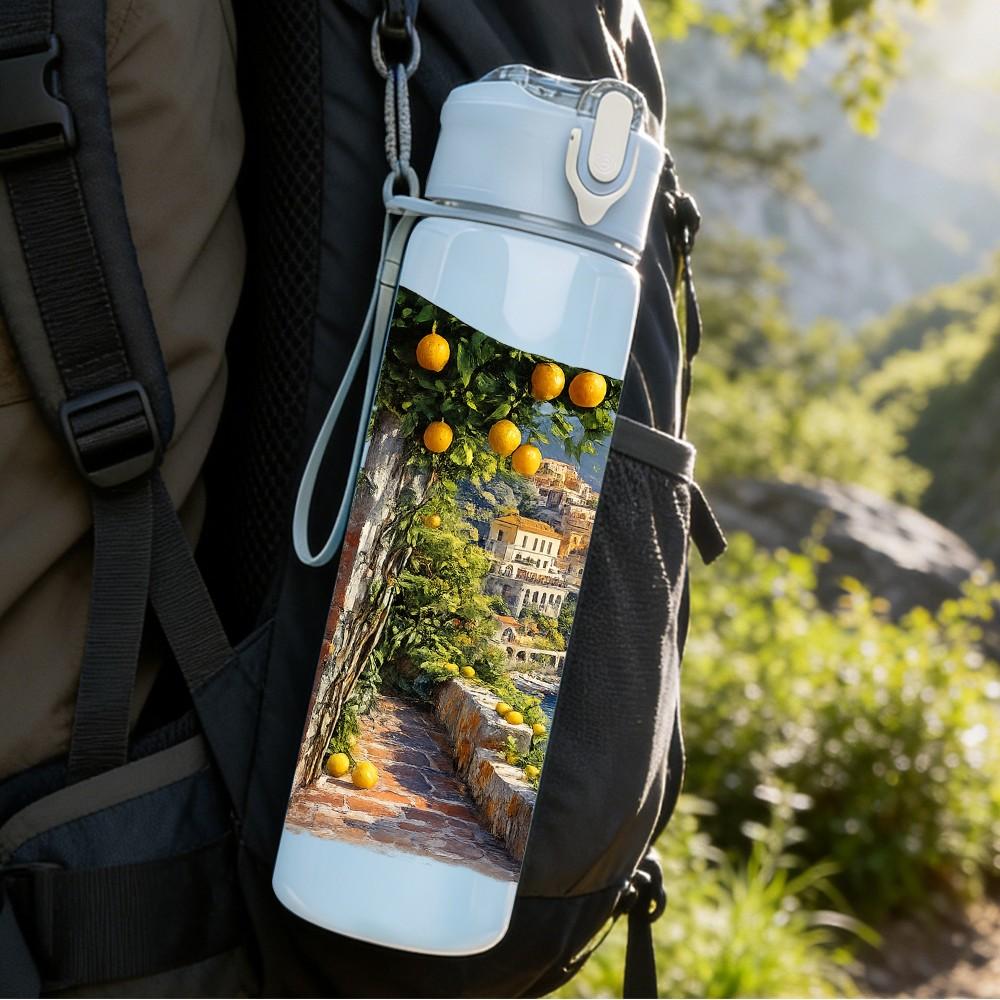 1PC Mountain Village Coast Landscape Print 750ml Color Plastic Sports Water Bottle Leakproof Flip Straw Lid Suitable for Sports Office Home Use