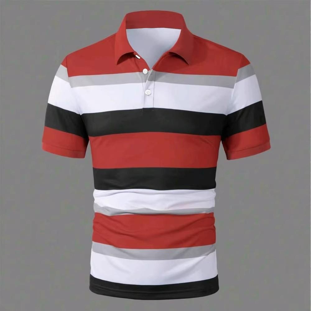 Sommarherr Ny Kortärmad Randig Pikétröja Herr Affärs Casual Krage Golf Pikétröja Toppar 100% Polyester