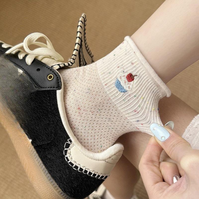 Rolled-up Socks, Women's Cotton Socks, Summer Thin Mid-calf Socks, Sweat-absorbing and Odor-proof, Bow, Versatile, Student Pile Socks