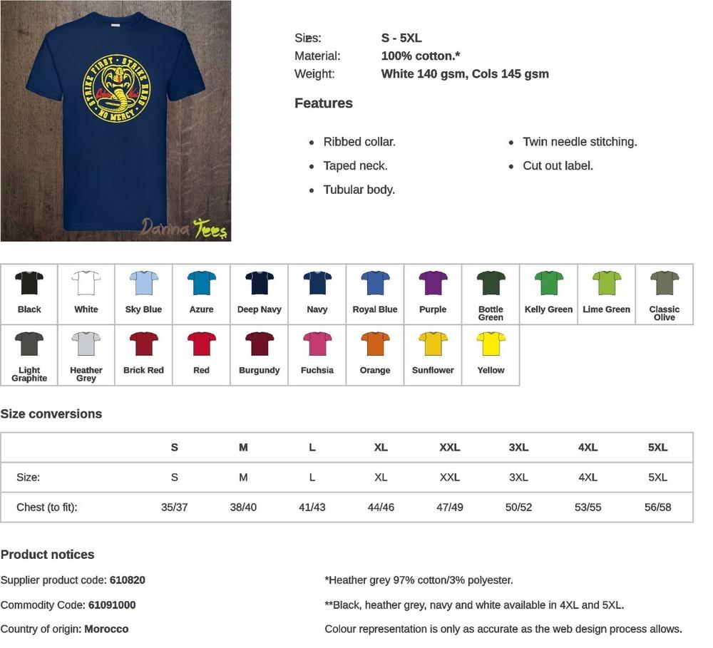 Cobra Kai Karate Kid Inspiriertes Retro Geschenk T-Shirt Unisex S 5XL 100% Baumwolle