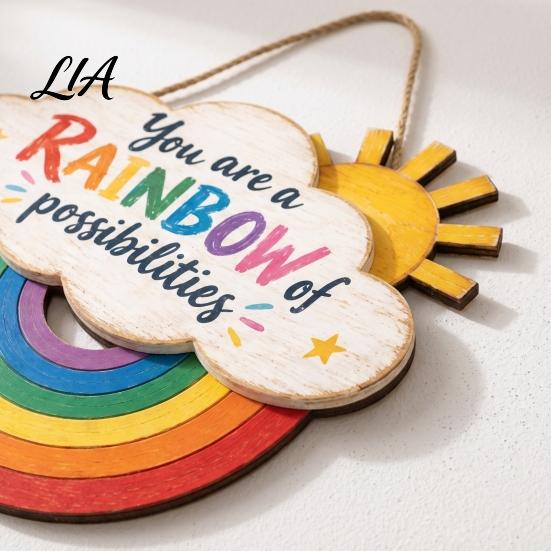 Heartwarming Gifts for Kids Boho Rainbow Sun Welcome Door Sign, Wall Hanging Plaque Sign Playroom Art with Inspirational Quote, Colorful Hanger