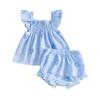 Baby Girl Summer Outfits Flower Embroidered Striped Ruffled Trim Smocked A Line Flying Sleeve Tops and Shorts 2 Pcs Set