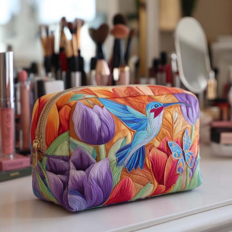 Dragonfly Print Quilted Cosmetic Bag Multi-functional Travel Organizer U-shape Zip Pouch