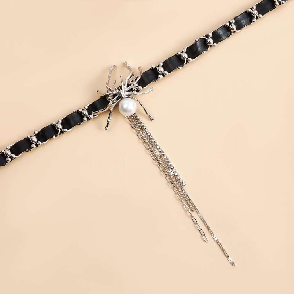 Gothic Spider Black Leather Choker Necklace Unisex Simulation Pearl Tassel Pendant Punk Neck Chain Jewelry Accessories