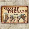 1PC Vintage Group Therapy Tin Sign, Funny Retro Bar Wall Art with Raised Glasses, Humorous Metal Plaque for Man Cave