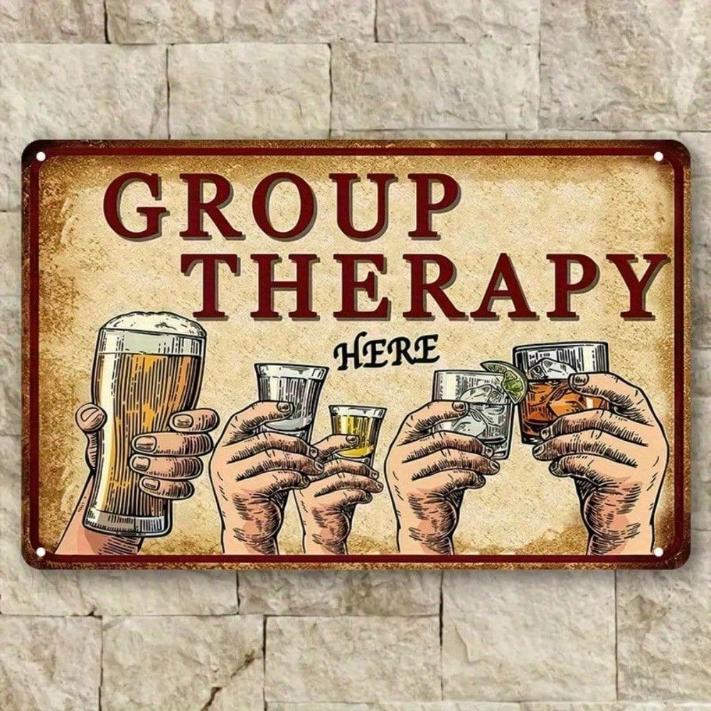 1PC Vintage Group Therapy Tin Sign, Funny Retro Bar Wall Art with Raised Glasses, Humorous Metal Plaque for Man Cave