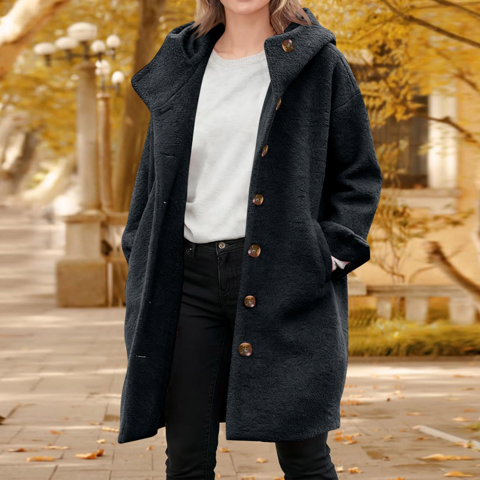 

Womens Solid Color Jacket Casual Loose Fit Button Coats Button Up Long Sleeve Outerwear With Pocket, Hooded Overcoat XXL