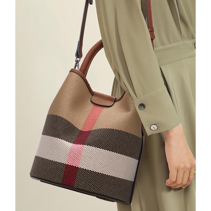 Νέα Τσάντα Γυναικεία Premium Καμβάς με Γνήσιο Δέρμα Μόδα Ευέλικτη Κυλινδρική Χειρός Ώμου Χιαστί