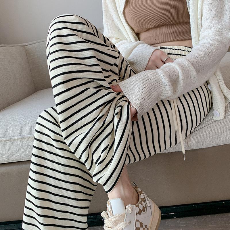 Black and White Striped Wide-leg Pants for Women In Spring and Autumn New High-waist Drooping Narrow Version Straight-leg Casual Pants for Women