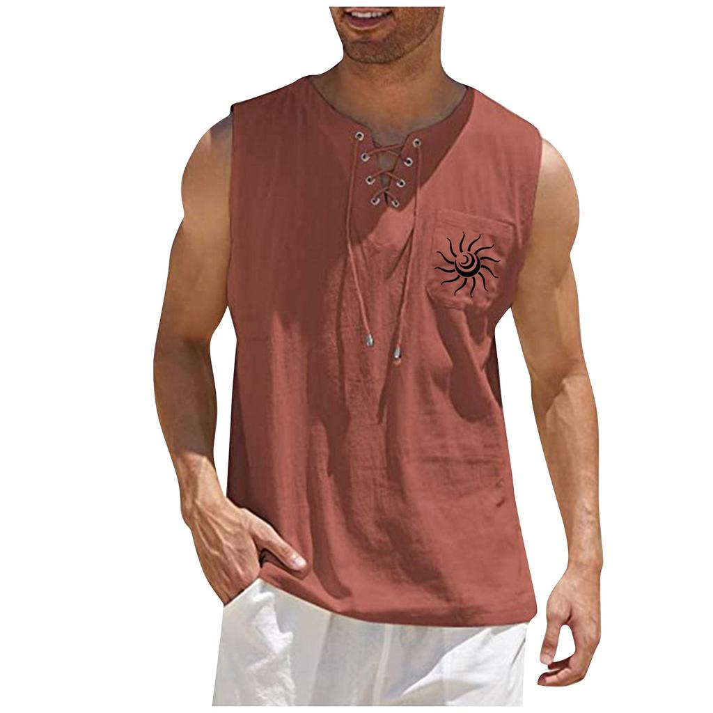 Herren Casual Lose Baumwolle Leinen Hemden Bedruckte Hemdbluse Ärmellose Weste Strandhemden Tops