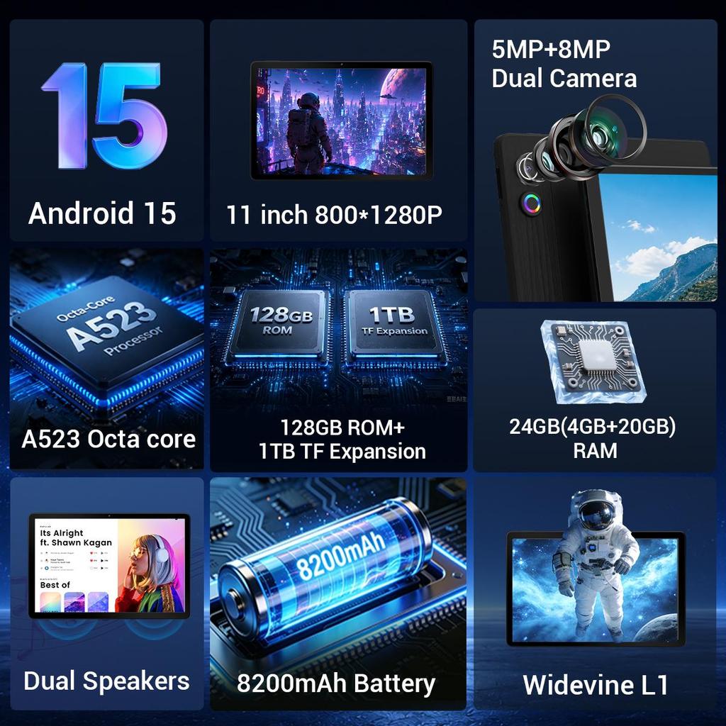 Android 15 Tablet, 11 Inch, 24GB RAM+128GB ROM, Keyboard And Mouse, WiFi 6, Widevine L1
