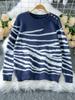 2025 Autumn/Winter Women's Zebra Print Color Block Sweater with Round Neck & Shoulder Buttons