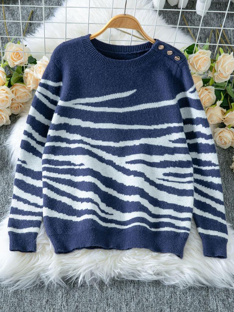 2025 Autumn/Winter Women's Zebra Print Color Block Sweater with Round Neck & Shoulder Buttons
