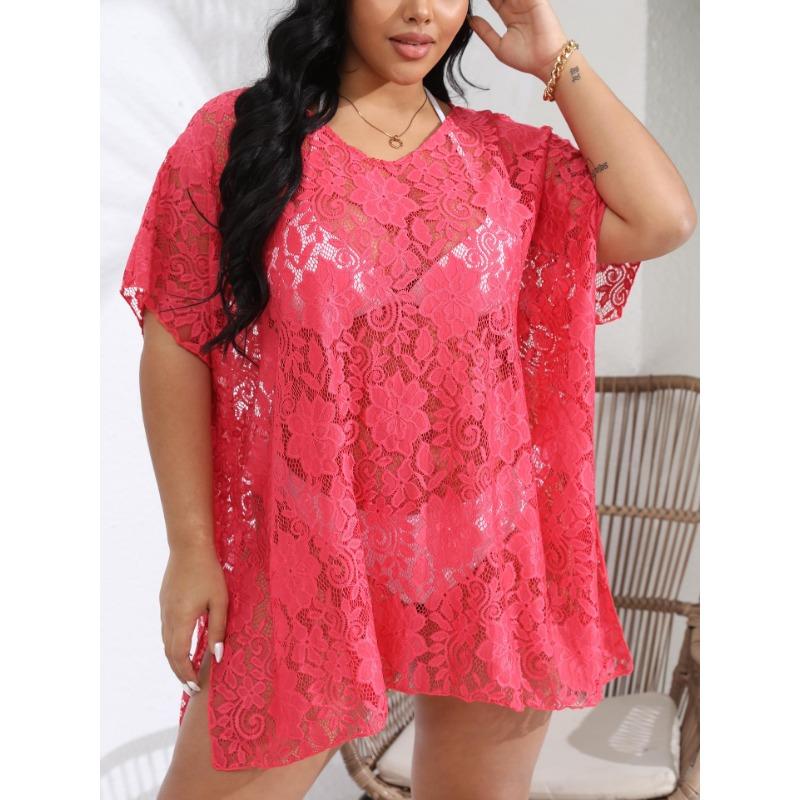 Robe de plage en dentelle pour femmes, grande taille, Sexy, ajouré, transparente, col en v, fendue, Cover-Up pour les maillots de bain